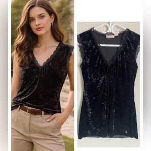 DKNY Velvet Sleeveless Top Size S Black Lace Trim Vintage Feminine
